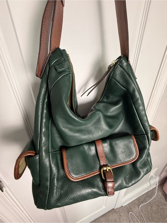 Isaac Mizrahi Other - Isaac Mizrahi Dark Green Leather Messenger Bag with Brown Trim